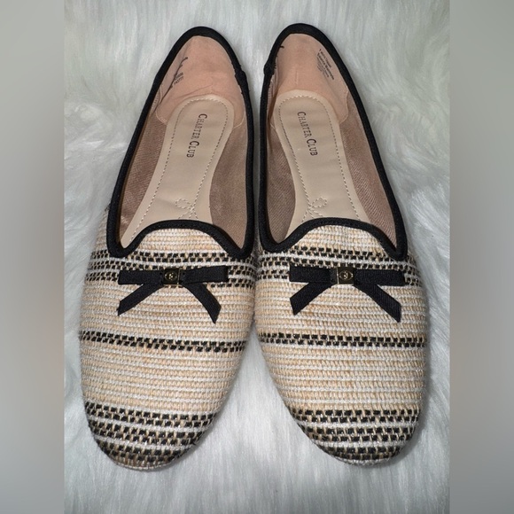 Charter Club Black and Cream Striped Loafers with Bow - Picture 1 of 6